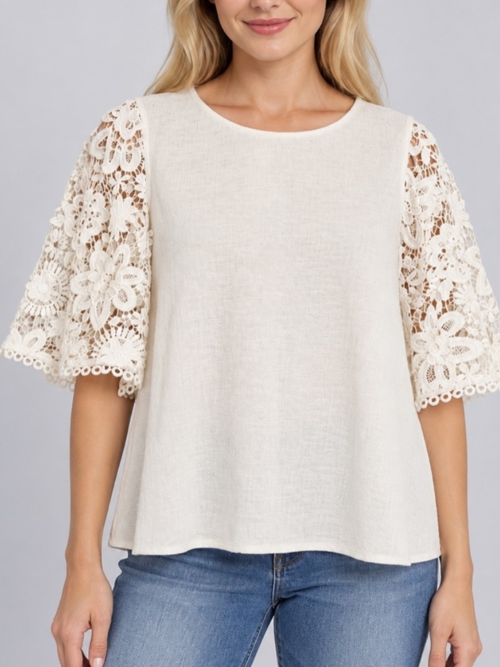 eri + ali anthropologie Ivory Floral Lace Bell Sleeve Blouse 34731